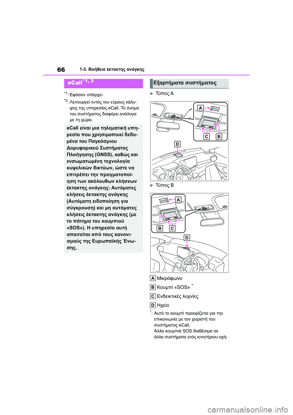 TOYOTA GR YARIS 2020  ΟΔΗΓΌΣ ΧΡΉΣΗΣ (in Greek) 66
YARIS(GR) Owners Manual_Europe_M52L09_en
1-3. Βοήθεια έκτακτης ανάγκης
1-3.Βοήθεια έκτακτης ανάγκης
*1:Εφόσον υπάρχει
*2:Λειτουργε