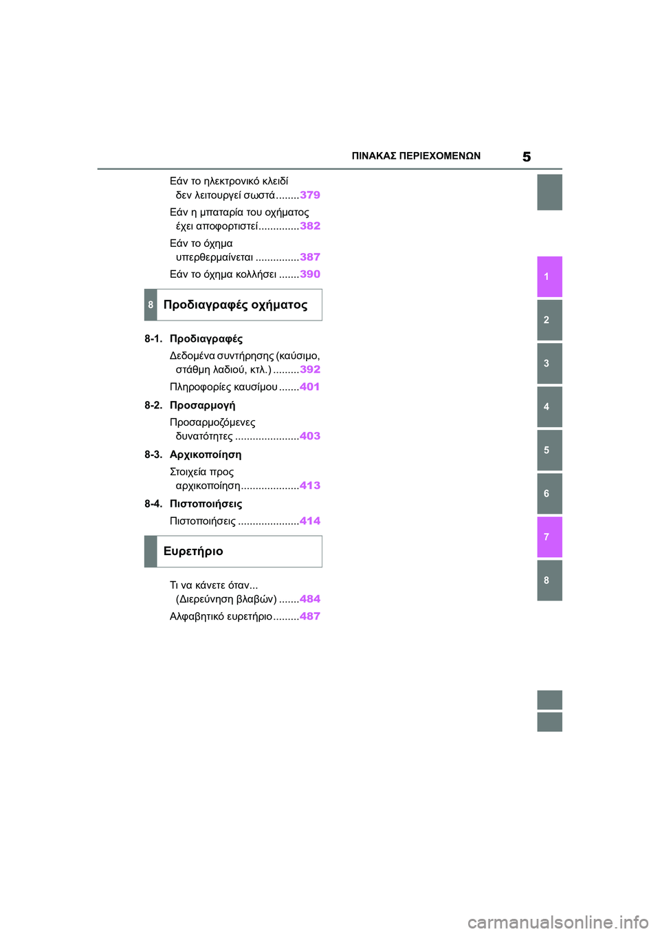 TOYOTA GR YARIS 2020  ΟΔΗΓΌΣ ΧΡΉΣΗΣ (in Greek) 5
YARIS(GR) Owners Manual_Europe_M52L09_en
ΠΙΝΑΚΑΣ ΠΕΡΙΕΧΟΜΕΝΩΝ
1
6 5
4
3
2
8
7
Εάν το ηλεκτρονικό κλειδί 
δεν λειτουργεί σωστά........379
�