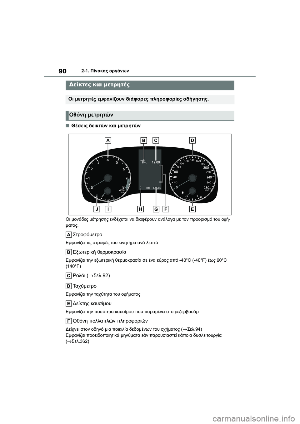 TOYOTA GR YARIS 2020  ΟΔΗΓΌΣ ΧΡΉΣΗΣ (in Greek) 90
YARIS(GR) Owners Manual_Europe_M52L09_en
2-1. Πίνακας οργάνων
�QΘέσεις δεικτών και μετρητών
Οι μονάδες μέτρησης ενδέχεται να δι