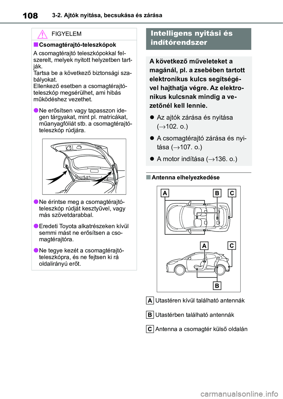 TOYOTA GR YARIS 2020 Kezelési útmutató (in Hungarian) 1083-2. Ajtók nyitása, becsukása és zárása
nAntenna elhelyezkedéseUtastéren kívül található antennák
Utastérben található antennák
Antenna a csomagtér külső oldalán
FIGYELEM
nCsom TOYOTA GR YARIS 2020 Kezelési útmutató (in Hungarian) 1083-2. Ajtók nyitása, becsukása és zárása
nAntenna elhelyezkedéseUtastéren kívül található antennák
Utastérben található antennák
Antenna a csomagtér külső oldalán
FIGYELEM
nCsom