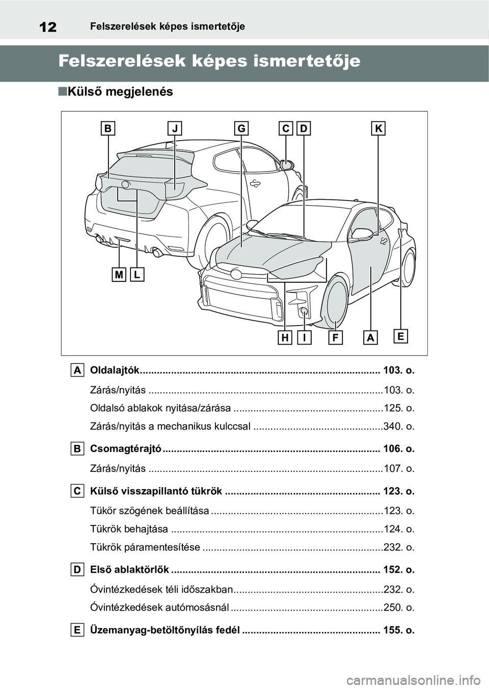 TOYOTA GR YARIS 2020 Kezelési útmutató (in Hungarian) 12Felszerelések képes ismertetője
Felszerelések képes ismertetője
n Külső megjelenés
Oldalajtók..................................................................................... 103. o.
Z TOYOTA GR YARIS 2020 Kezelési útmutató (in Hungarian) 12Felszerelések képes ismertetője
Felszerelések képes ismertetője
n Külső megjelenés
Oldalajtók..................................................................................... 103. o.
Z