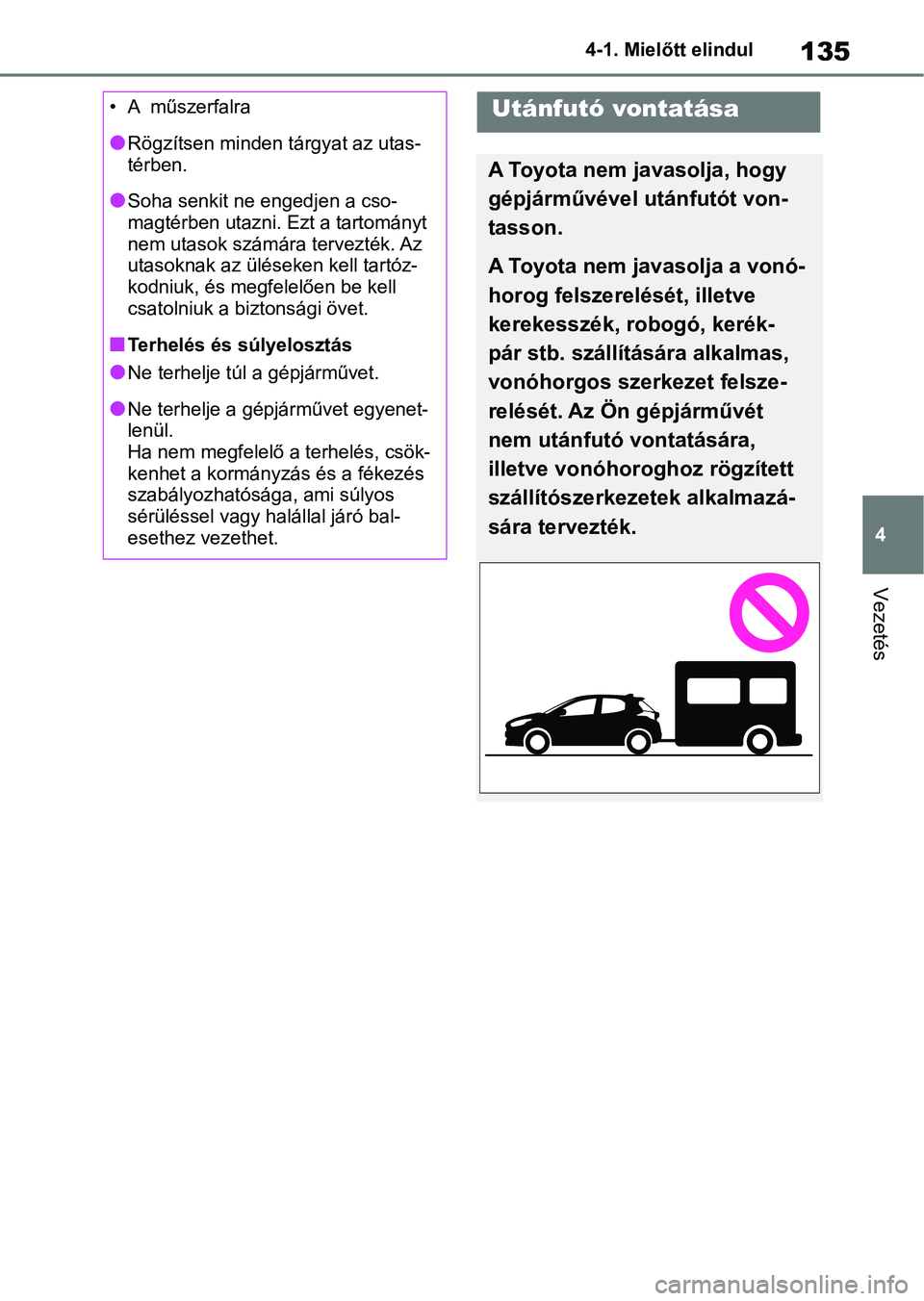 TOYOTA GR YARIS 2020 Kezelési útmutató (in Hungarian) 135
4
4-1. Mielőtt elindul
Vezetés
• A műszerfalra
lRögzítsen minden tárgyat az utas-
térben.
lSoha senkit ne engedjen a cso-
magtérben utazni. Ezt a tartományt
nem utasok számára
terv TOYOTA GR YARIS 2020 Kezelési útmutató (in Hungarian) 135
4
4-1. Mielőtt elindul
Vezetés
• A műszerfalra
lRögzítsen minden tárgyat az utas-
térben.
lSoha senkit ne engedjen a cso-
magtérben utazni. Ezt a tartományt
nem utasok számára
terv