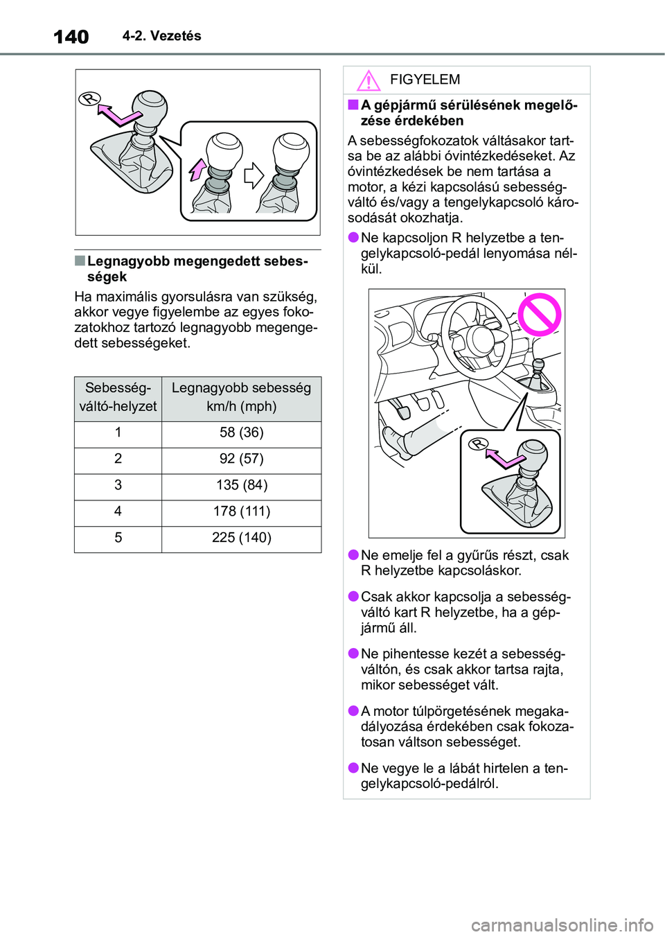 TOYOTA GR YARIS 2020 Kezelési útmutató (in Hungarian) 1404-2. Vezetés
nLegnagyobb megengedett sebes-
ségek
Ha maximális gyorsul ásra van szükség,
akkor vegye figyelem be az egyes foko-
zatokhoz tartozó legnagyobb megenge-
dett sebességeket.
Sebe TOYOTA GR YARIS 2020 Kezelési útmutató (in Hungarian) 1404-2. Vezetés
nLegnagyobb megengedett sebes-
ségek
Ha maximális gyorsul ásra van szükség,
akkor vegye figyelem be az egyes foko-
zatokhoz tartozó legnagyobb megenge-
dett sebességeket.
Sebe