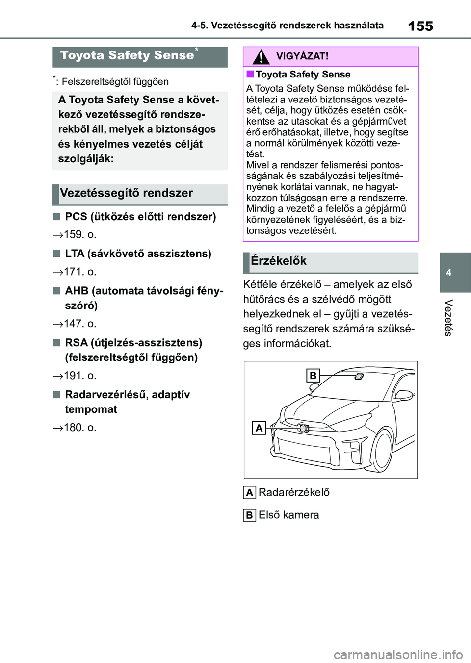 TOYOTA GR YARIS 2020  Kezelési útmutató (in Hungarian) 155
4
4-5. Vezetéssegítő re
ndszerek használata
Vezetés
4-5.Vezetéssegítő rendszerek használata
*: Felszereltségtől függően
nPCS (ütközés előtti rendszer)
 159. o.
nLTA (sávkövet