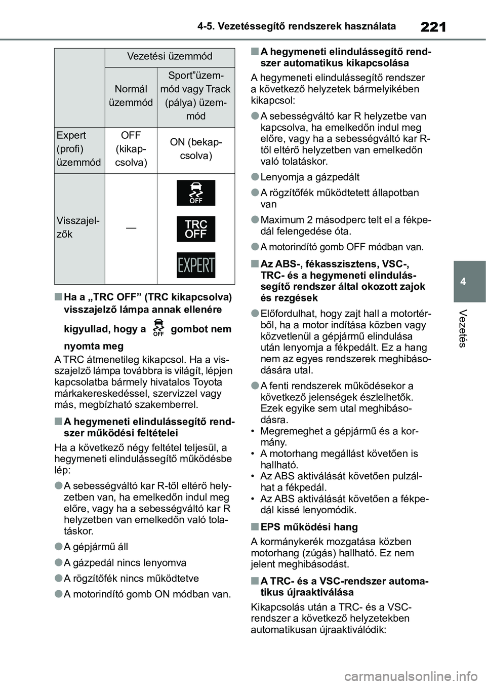 TOYOTA GR YARIS 2020  Kezelési útmutató (in Hungarian) 221
4
4-5. Vezetéssegítő re
ndszerek használata
VezetésnHa a „TRC OFF” (TRC kikapcsolva) 
visszajelző lámpa annak ellenére 
kigyullad, hogy a   gombot nem 
nyomta meg
A TRC átmenetileg ki