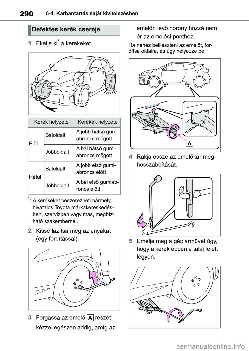 TOYOTA GR YARIS 2020 Kezelési útmutató (in Hungarian) 2906-4. Karbantartás saját kivitelezésben
1Ékelje ki* a kerekeket.
*: A kerékéket beszerezheti bármely
hivatalos Toyota m árkakereskedés-
ben, szervizben v agy más, megbíz-
ható szakember TOYOTA GR YARIS 2020 Kezelési útmutató (in Hungarian) 2906-4. Karbantartás saját kivitelezésben
1Ékelje ki* a kerekeket.
*: A kerékéket beszerezheti bármely
hivatalos Toyota m árkakereskedés-
ben, szervizben v agy más, megbíz-
ható szakember
