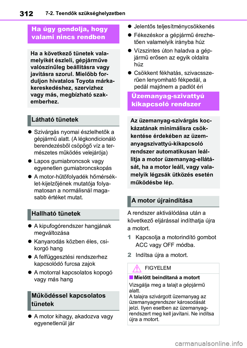 TOYOTA GR YARIS 2020  Kezelési útmutató (in Hungarian) 3127-2. Teendők szükséghelyzetben
Szivárgás nyomai észlelhetők a 
gépjármű alatt. (A légkondicionáló 
berendezésből csöpögő víz a ter-
mészetes működés velejárója)
Lapos