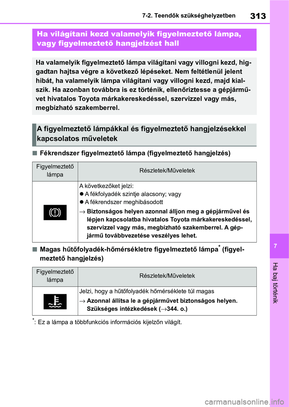 TOYOTA GR YARIS 2020  Kezelési útmutató (in Hungarian) 313
7
7-2. Teendők szükséghelyzetben
Ha baj történik
nFékrendszer figyelmeztető lámp
a (figyelmeztető hangjelzés)
nMagas hűtőfolyadék-hőmérsékletre figyelmeztető lámpa* (figyel-
mezt