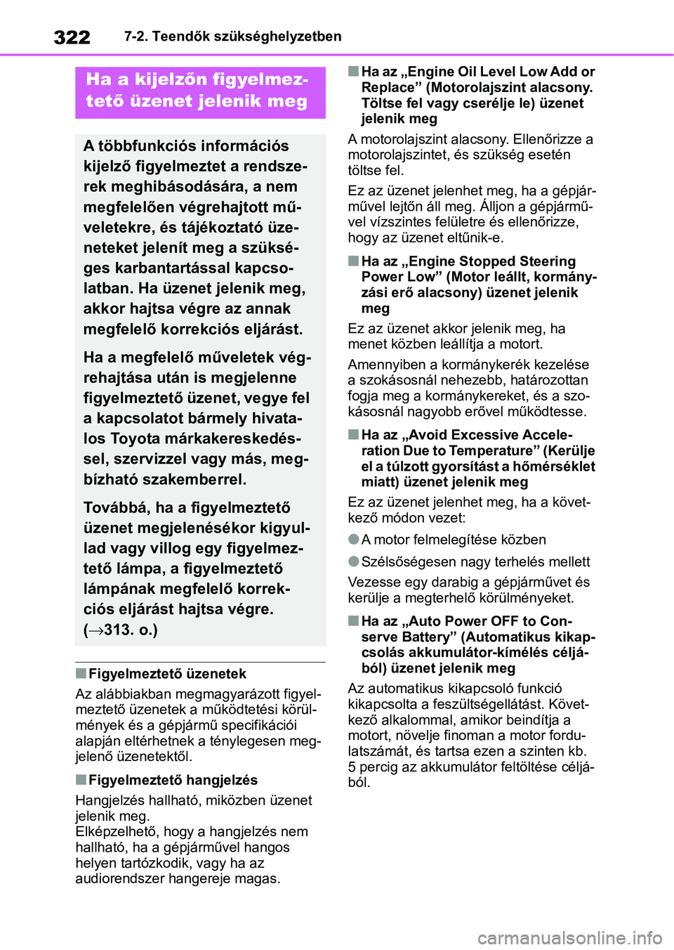 TOYOTA GR YARIS 2020 Kezelési útmutató (in Hungarian) 3227-2. Teendők szükséghelyzetben
nFigyelmeztető üzenetek
Az alábbiakban megmagyarázott figyel-
meztető üzenetek a m űködtetési körül-
mények és a gépjármű specifikációi
alapján TOYOTA GR YARIS 2020 Kezelési útmutató (in Hungarian) 3227-2. Teendők szükséghelyzetben
nFigyelmeztető üzenetek
Az alábbiakban megmagyarázott figyel-
meztető üzenetek a m űködtetési körül-
mények és a gépjármű specifikációi
alapján