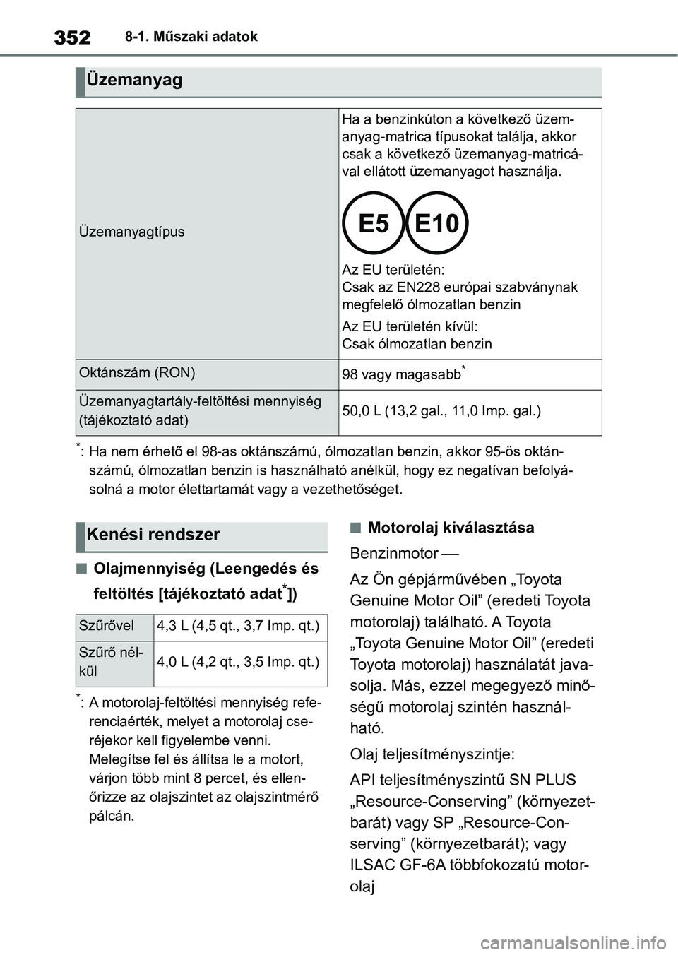 TOYOTA GR YARIS 2020 Kezelési útmutató (in Hungarian) 3528-1. Műszaki adatok
*: Ha nem érhető el 98-as oktánszámú, ólmozatlan benzin, akkor 95-ös oktán-
számú, ólmozatlan benzin is hasz nálható anélkül, hogy ez negatívan befolyá-
solná TOYOTA GR YARIS 2020 Kezelési útmutató (in Hungarian) 3528-1. Műszaki adatok
*: Ha nem érhető el 98-as oktánszámú, ólmozatlan benzin, akkor 95-ös oktán-
számú, ólmozatlan benzin is hasz nálható anélkül, hogy ez negatívan befolyá-
solná
