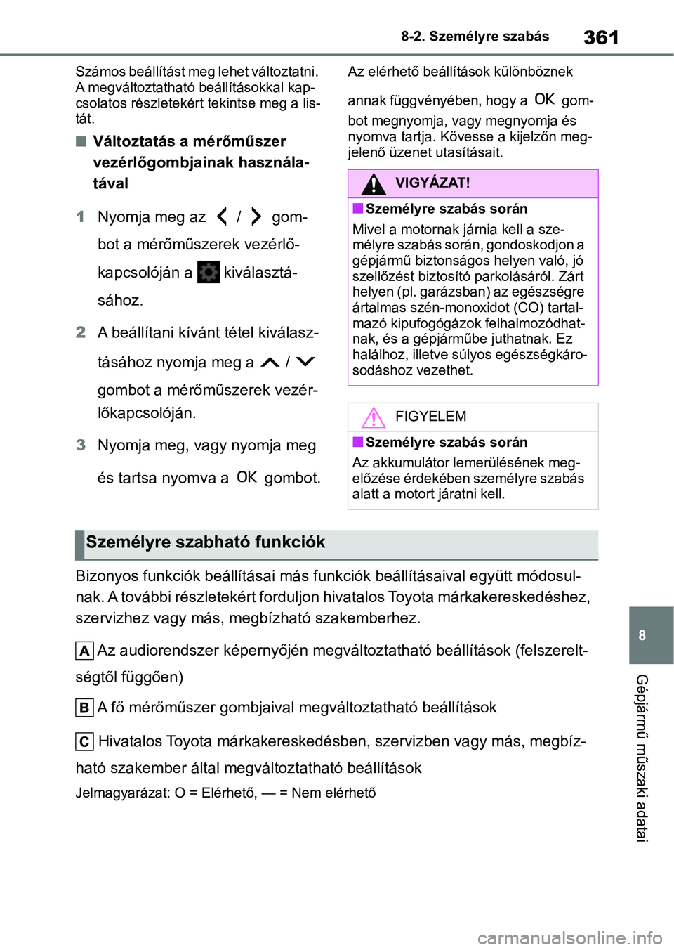 TOYOTA GR YARIS 2020 Kezelési útmutató (in Hungarian) 361
8
8-2. Személyre szabás
Gépjármű műszaki adatai
Számos beállítást meg lehet változtatni.
A megváltoztatható beállításokkal kap-
csolatos részletekért
tekintse meg a lis-
tát.
TOYOTA GR YARIS 2020 Kezelési útmutató (in Hungarian) 361
8
8-2. Személyre szabás
Gépjármű műszaki adatai
Számos beállítást meg lehet változtatni.
A megváltoztatható beállításokkal kap-
csolatos részletekért
tekintse meg a lis-
tát.