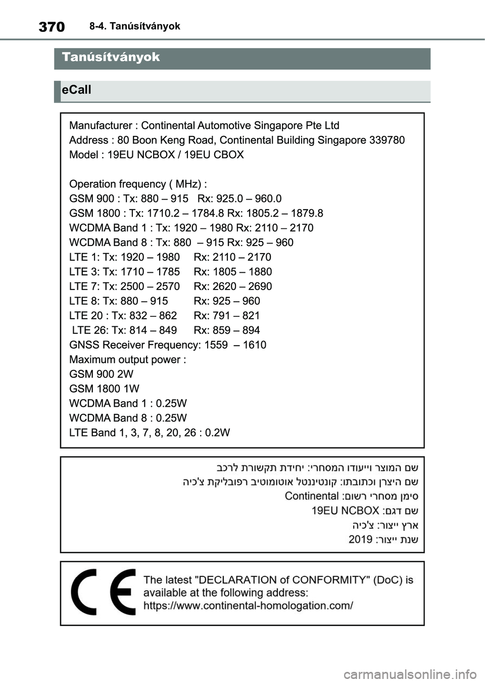 TOYOTA GR YARIS 2020 Kezelési útmutató (in Hungarian) 3708-4. Tanúsítványok
8-4.TanúsítványokTanúsítványok
eCall TOYOTA GR YARIS 2020 Kezelési útmutató (in Hungarian) 3708-4. Tanúsítványok
8-4.TanúsítványokTanúsítványok
eCall