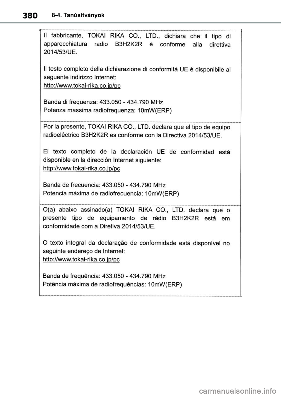 TOYOTA GR YARIS 2020  Kezelési útmutató (in Hungarian) 3808-4. Tanúsítványok 