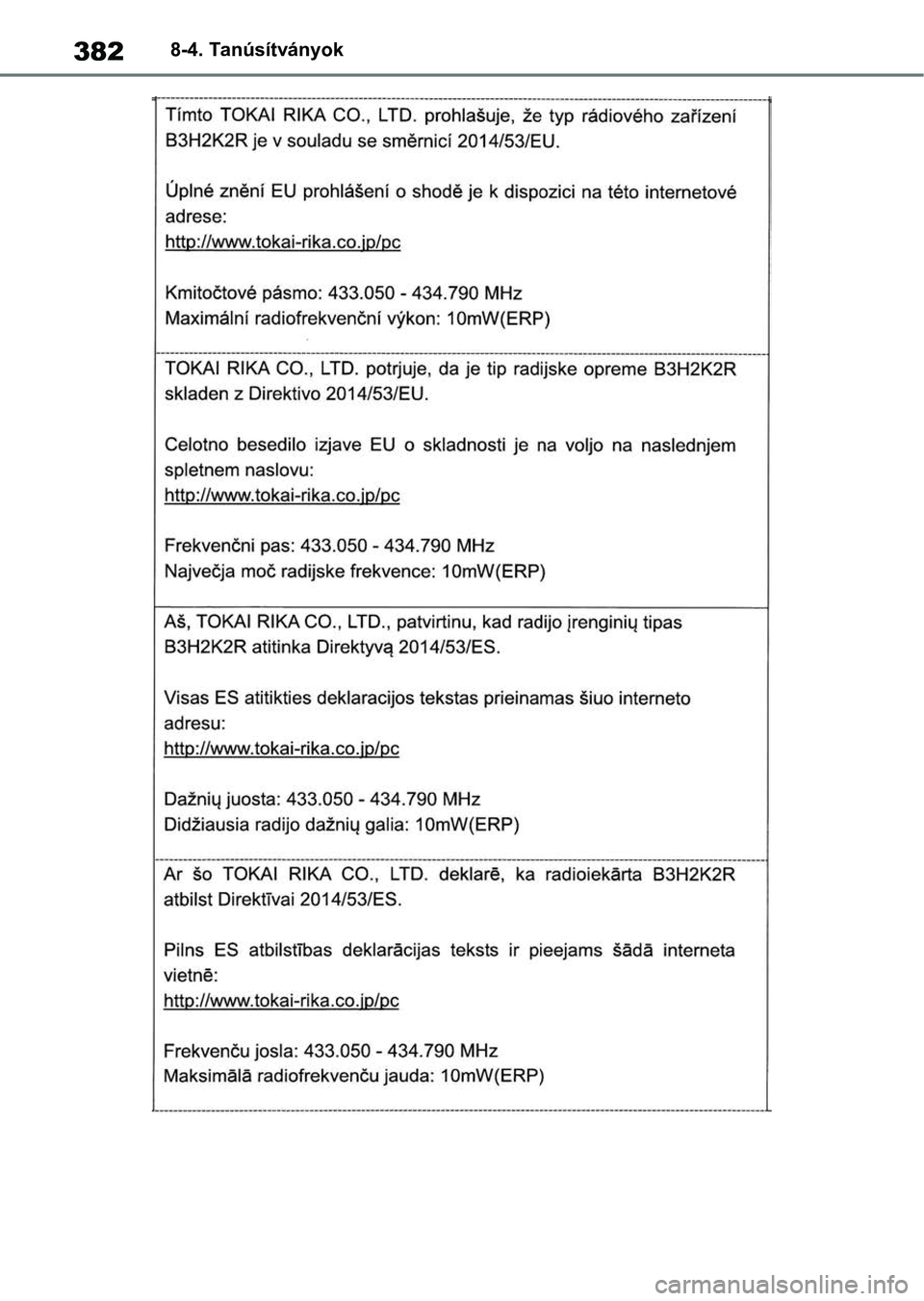 TOYOTA GR YARIS 2020  Kezelési útmutató (in Hungarian) 3828-4. Tanúsítványok 