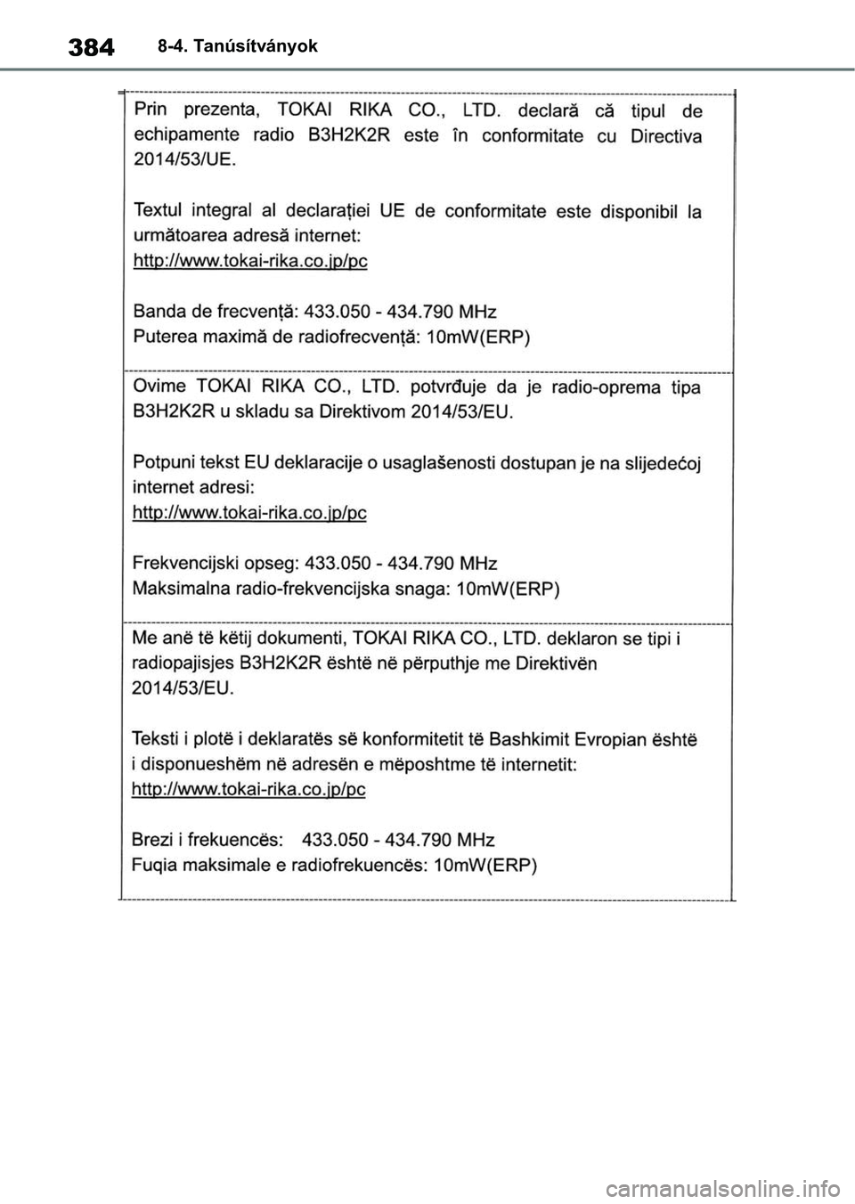 TOYOTA GR YARIS 2020  Kezelési útmutató (in Hungarian) 3848-4. Tanúsítványok 