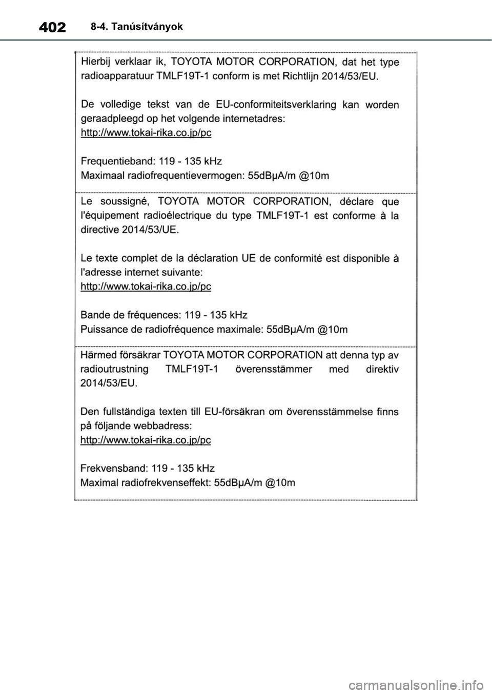 TOYOTA GR YARIS 2020  Kezelési útmutató (in Hungarian) 4028-4. Tanúsítványok 