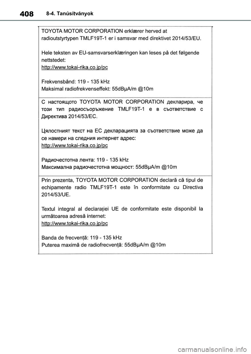 TOYOTA GR YARIS 2020  Kezelési útmutató (in Hungarian) 4088-4. Tanúsítványok 