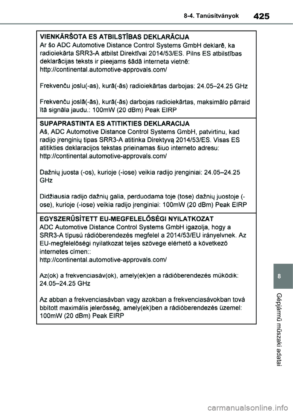 TOYOTA GR YARIS 2020  Kezelési útmutató (in Hungarian) 425
8
8-4. Tanúsítványok
Gépjármű műszaki adatai 