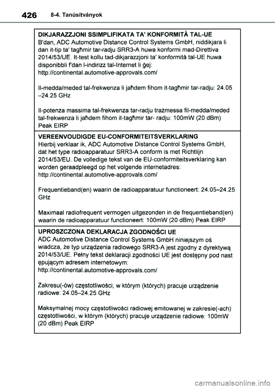 TOYOTA GR YARIS 2020  Kezelési útmutató (in Hungarian) 4268-4. Tanúsítványok 