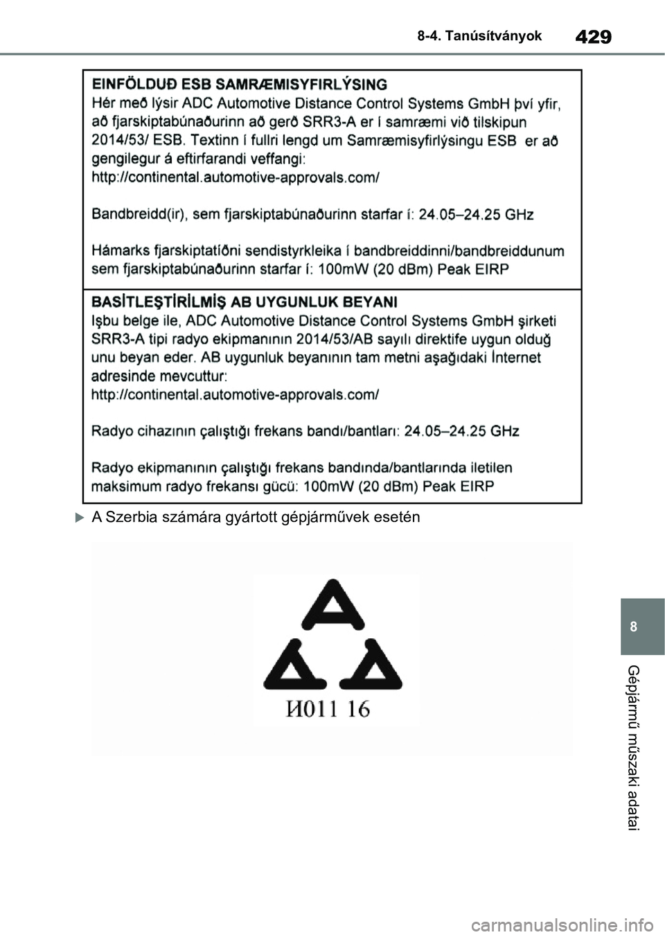 TOYOTA GR YARIS 2020 Kezelési útmutató (in Hungarian) 429
8
8-4. Tanúsítványok
Gépjármű műszaki adatai
A Szerbia számára gyártott gépjárművek esetén TOYOTA GR YARIS 2020 Kezelési útmutató (in Hungarian) 429
8
8-4. Tanúsítványok
Gépjármű műszaki adatai
A Szerbia számára gyártott gépjárművek esetén