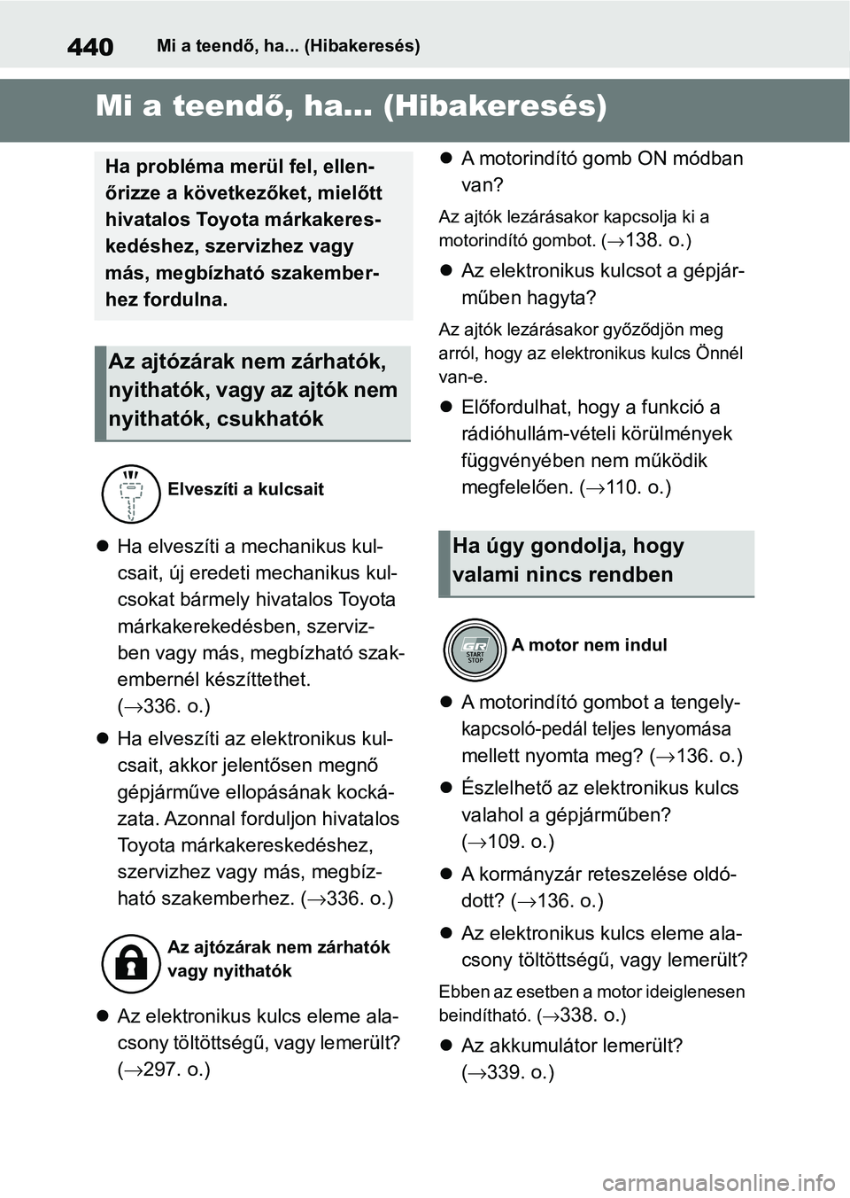 TOYOTA GR YARIS 2020 Kezelési útmutató (in Hungarian) 440Mi a teendő, ha... (Hibakeresés)
1-1.Mi a teendő, ha... (Hibakeresés)Mi a teendő, ha... (Hibakeresés)
Ha elveszíti a mechanikus kul-
csait, új eredeti mechanikus kul-
csokat bármely hi TOYOTA GR YARIS 2020 Kezelési útmutató (in Hungarian) 440Mi a teendő, ha... (Hibakeresés)
1-1.Mi a teendő, ha... (Hibakeresés)Mi a teendő, ha... (Hibakeresés)
Ha elveszíti a mechanikus kul-
csait, új eredeti mechanikus kul-
csokat bármely hi