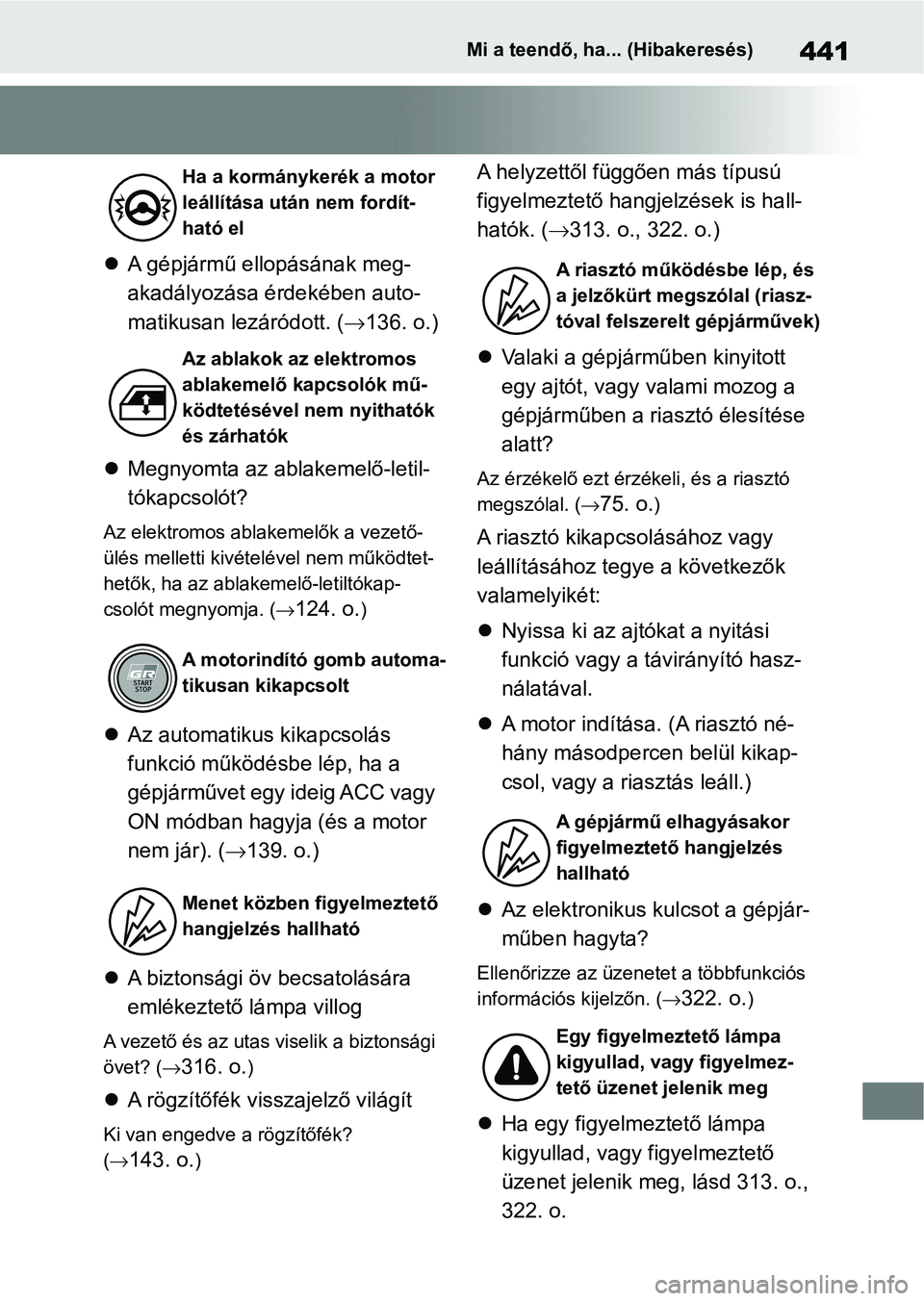 TOYOTA GR YARIS 2020 Kezelési útmutató (in Hungarian) 441Mi a teendő, ha... (Hibakeresés)
A gépjármű ellopásának meg-
akadályozása ér dekében auto-
matikusan lezáródott. ( 136. o.)
Megnyomta az ablakemelő-letil-
tókapcsolót?
Az TOYOTA GR YARIS 2020 Kezelési útmutató (in Hungarian) 441Mi a teendő, ha... (Hibakeresés)
A gépjármű ellopásának meg-
akadályozása ér dekében auto-
matikusan lezáródott. ( 136. o.)
Megnyomta az ablakemelő-letil-
tókapcsolót?
Az