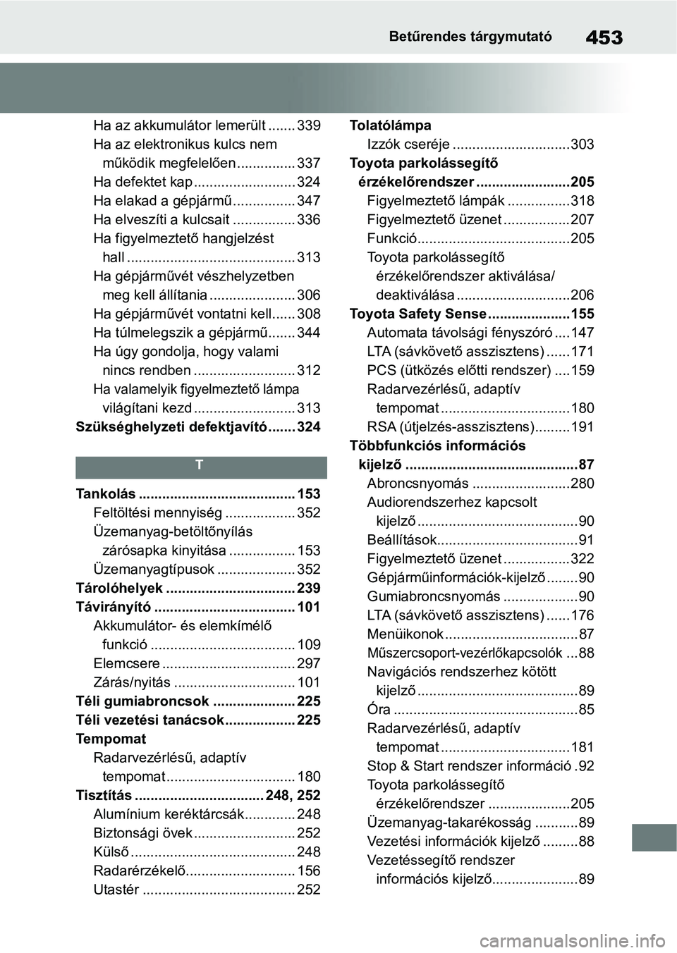 TOYOTA GR YARIS 2020 Kezelési útmutató (in Hungarian) 453Betűrendes tárgymutató
Ha az akkumulátor lemerült ....... 339
Ha az elektronikus kulcs nem működik megfelelően ............... 337
Ha defektet kap .......................... 324
Ha elakad a TOYOTA GR YARIS 2020 Kezelési útmutató (in Hungarian) 453Betűrendes tárgymutató
Ha az akkumulátor lemerült ....... 339
Ha az elektronikus kulcs nem működik megfelelően ............... 337
Ha defektet kap .......................... 324
Ha elakad a