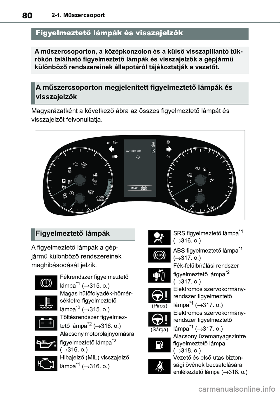 TOYOTA GR YARIS 2020 Kezelési útmutató (in Hungarian) 802-1. Műszercsoport
2-1.Műszercsoport
Magyarázatként a következő ábra az összes figyelmeztető lámpát és
visszajelzőt felvonultatja.
A figyelmeztető lámpák a gép-
jármű különbö TOYOTA GR YARIS 2020 Kezelési útmutató (in Hungarian) 802-1. Műszercsoport
2-1.Műszercsoport
Magyarázatként a következő ábra az összes figyelmeztető lámpát és
visszajelzőt felvonultatja.
A figyelmeztető lámpák a gép-
jármű különbö