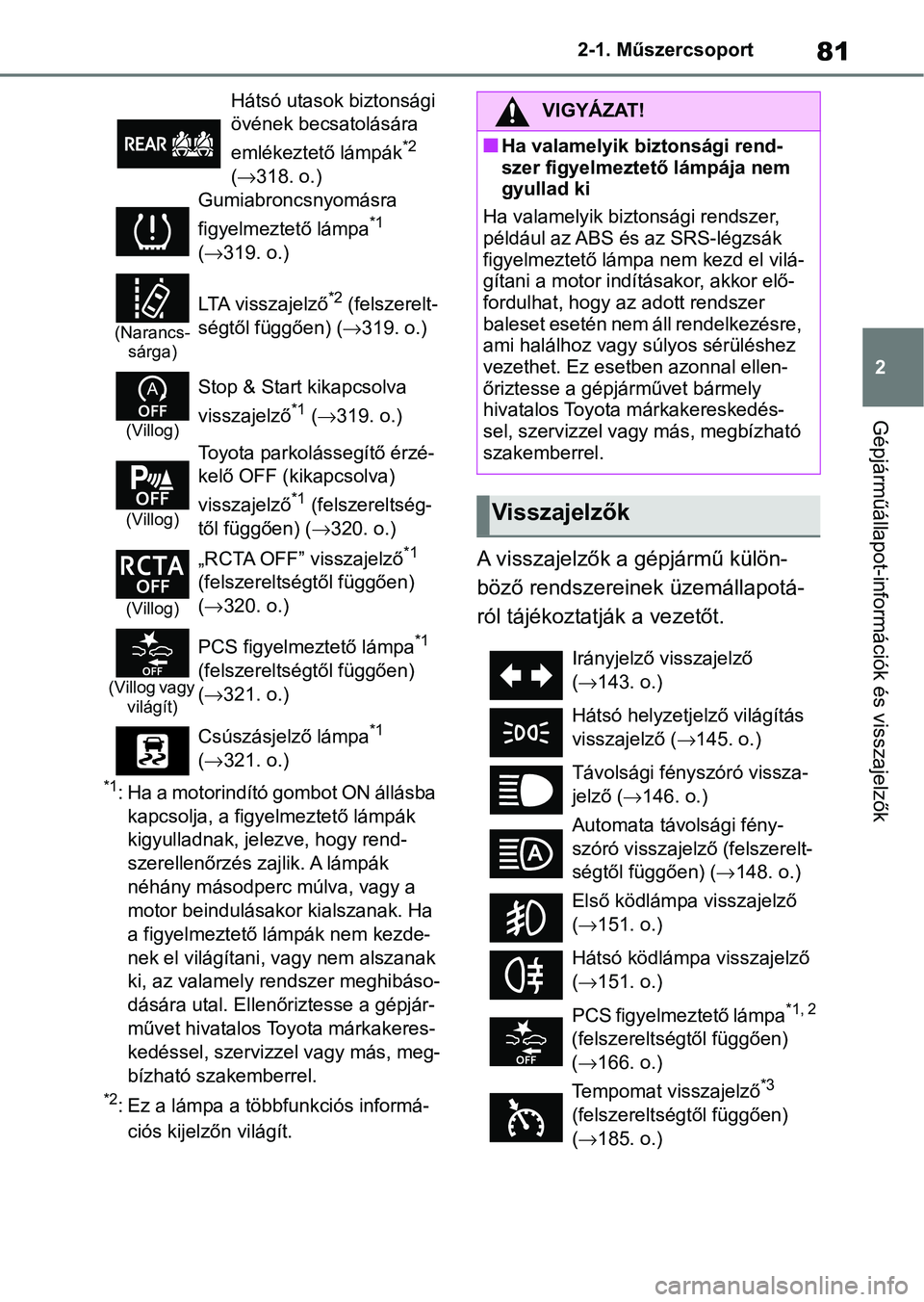 TOYOTA GR YARIS 2020 Kezelési útmutató (in Hungarian) 81
2
2-1. Műszercsoport
Gépjárműállapot-információk és visszajelzők
*1: Ha a motorindító gombot ON állásba
kapcsolja, a figyelmeztető lámpák
kigyulladnak, jelezve, hogy rend-
szerell TOYOTA GR YARIS 2020 Kezelési útmutató (in Hungarian) 81
2
2-1. Műszercsoport
Gépjárműállapot-információk és visszajelzők
*1: Ha a motorindító gombot ON állásba
kapcsolja, a figyelmeztető lámpák
kigyulladnak, jelezve, hogy rend-
szerell