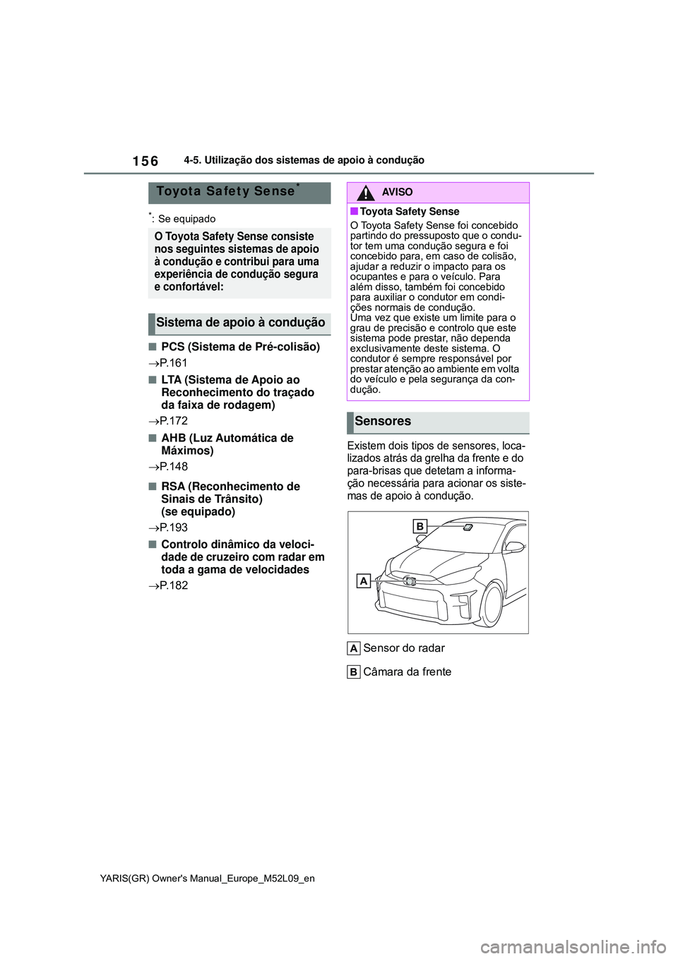 TOYOTA GR YARIS 2020 Manual de utilização (in Portuguese) 156
YARIS(GR) Owners Manual_Europe_M52L09_en
4-5. Utilização dos sistemas de apoio à condução
4-5.Utilização dos sistemas de apoio à condução
*: Se equipado
PCS (Sistema de Pré-colisão TOYOTA GR YARIS 2020 Manual de utilização (in Portuguese) 156
YARIS(GR) Owners Manual_Europe_M52L09_en
4-5. Utilização dos sistemas de apoio à condução
4-5.Utilização dos sistemas de apoio à condução
*: Se equipado
PCS (Sistema de Pré-colisão