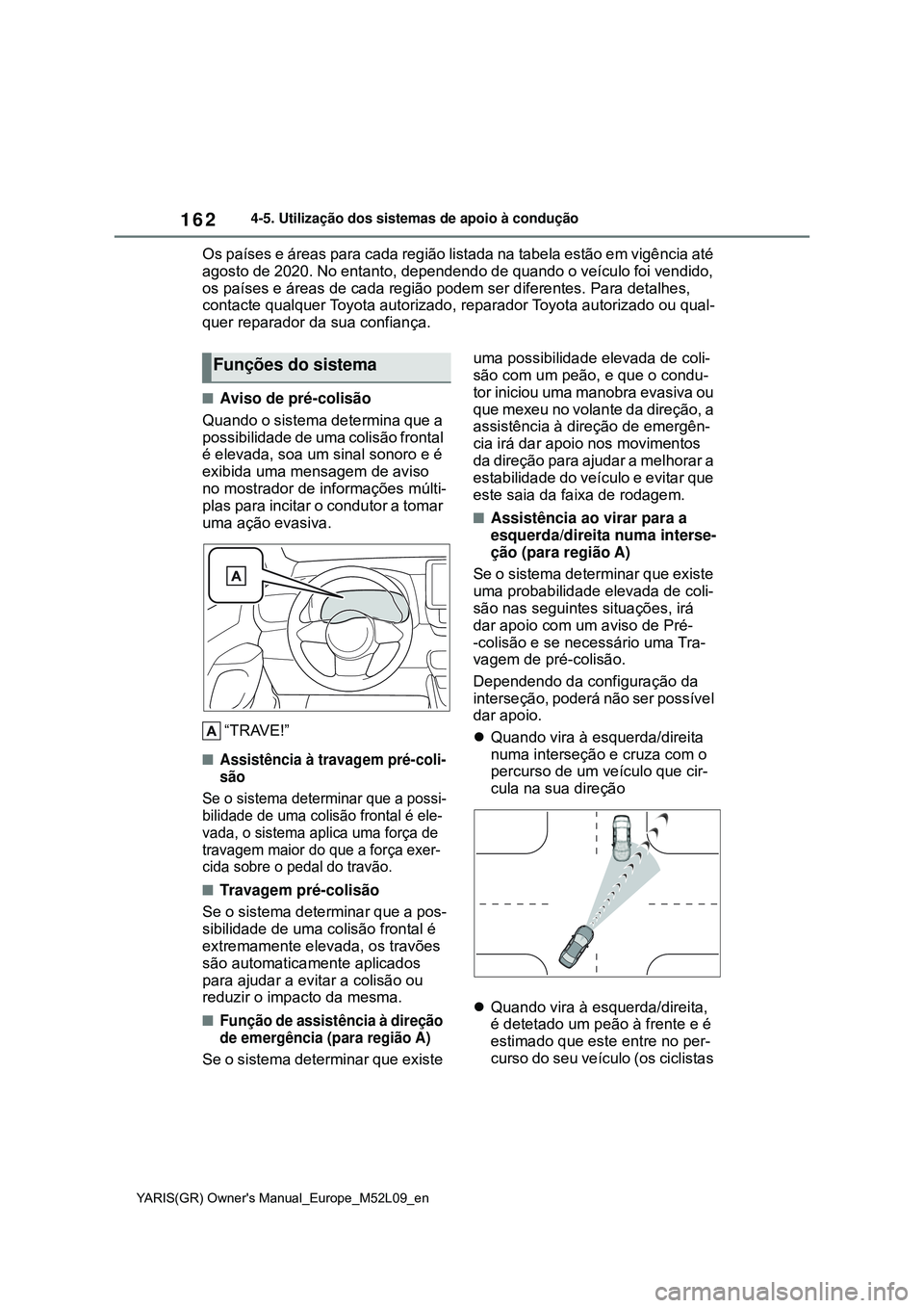TOYOTA GR YARIS 2020 Manual de utilização (in Portuguese) 162
YARIS(GR) Owners Manual_Europe_M52L09_en
4-5. Utilização dos sistemas de apoio à condução
Os países e áreas para cada região listada na tabela estão em vigência até
agosto de 2020. No TOYOTA GR YARIS 2020 Manual de utilização (in Portuguese) 162
YARIS(GR) Owners Manual_Europe_M52L09_en
4-5. Utilização dos sistemas de apoio à condução
Os países e áreas para cada região listada na tabela estão em vigência até
agosto de 2020. No