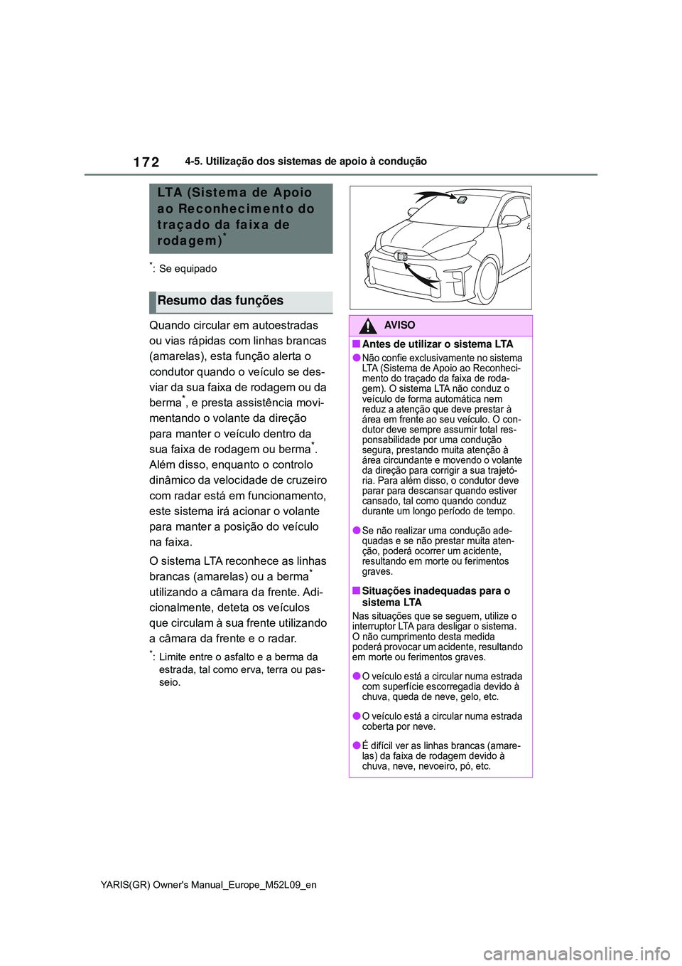 TOYOTA GR YARIS 2020 Manual de utilização (in Portuguese) 172
YARIS(GR) Owners Manual_Europe_M52L09_en
4-5. Utilização dos sistemas de apoio à condução
*: Se equipado
Quando circular em autoestradas
ou vias rápidas com linhas brancas
(amarelas), est TOYOTA GR YARIS 2020 Manual de utilização (in Portuguese) 172
YARIS(GR) Owners Manual_Europe_M52L09_en
4-5. Utilização dos sistemas de apoio à condução
*: Se equipado
Quando circular em autoestradas
ou vias rápidas com linhas brancas
(amarelas), est
