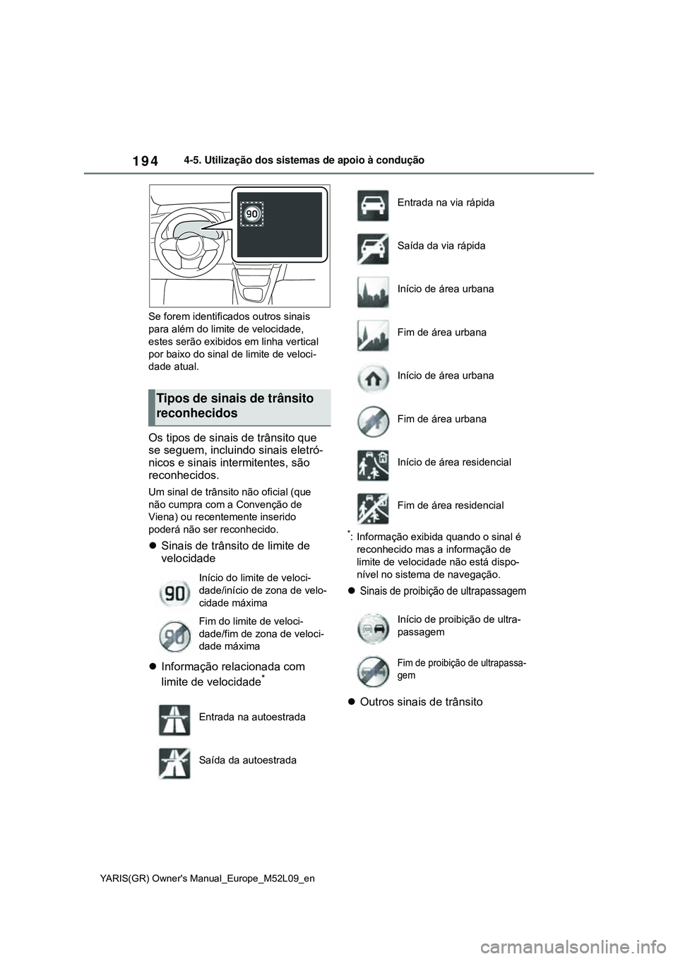 TOYOTA GR YARIS 2020 Manual de utilização (in Portuguese) 194
YARIS(GR) Owners Manual_Europe_M52L09_en
4-5. Utilização dos sistemas de apoio à condução
Se forem identificados outros sinais
para além do limite de velocidade,
estes serão exibidos em TOYOTA GR YARIS 2020 Manual de utilização (in Portuguese) 194
YARIS(GR) Owners Manual_Europe_M52L09_en
4-5. Utilização dos sistemas de apoio à condução
Se forem identificados outros sinais
para além do limite de velocidade,
estes serão exibidos em