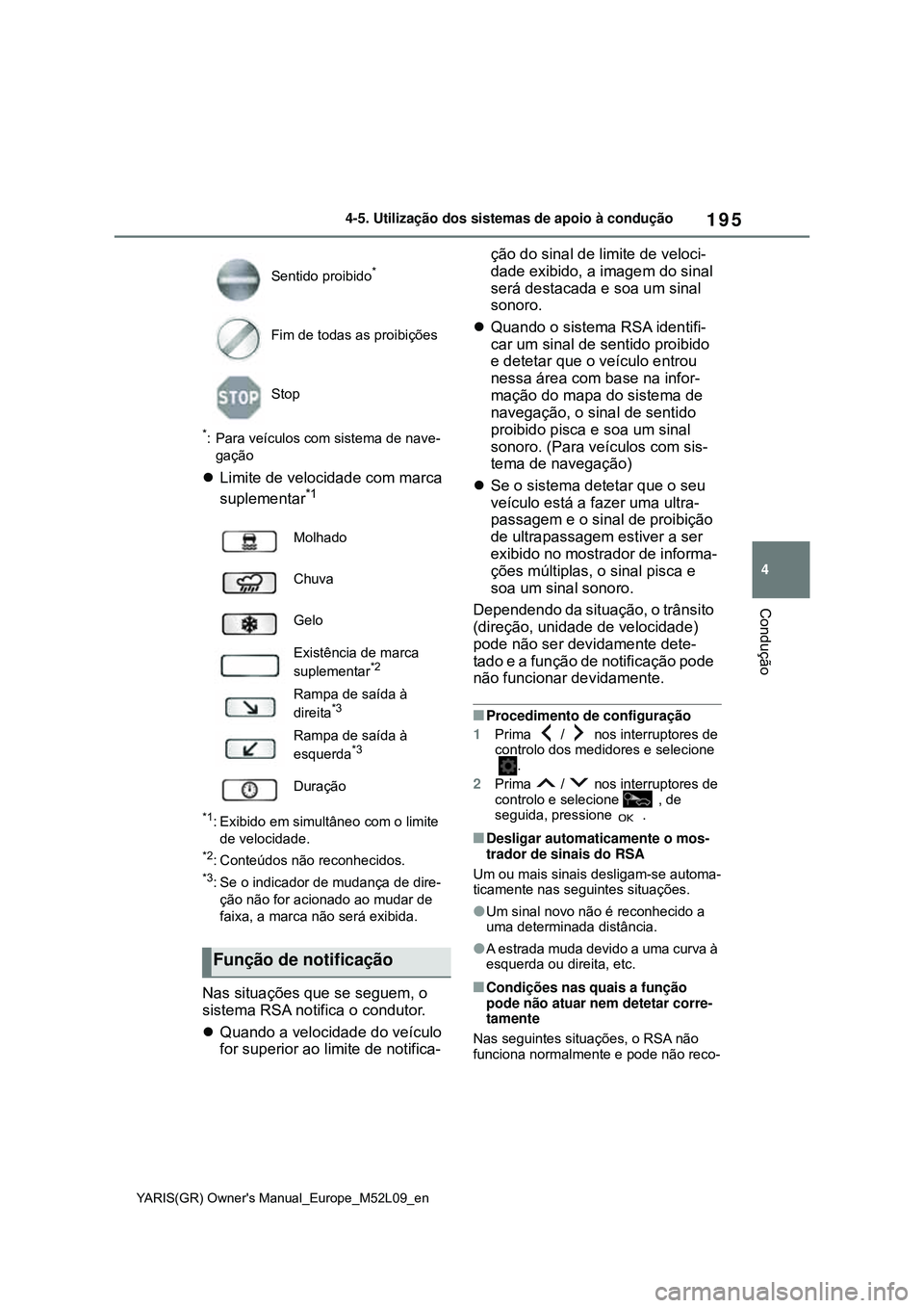 TOYOTA GR YARIS 2020 Manual de utilização (in Portuguese) 195
4
YARIS(GR) Owners Manual_Europe_M52L09_en
4-5. Utilização dos sistemas de apoio à condução
Condução
*: Para veículos com sistema de nave-
gação
Limite de velocidade com marca
suple TOYOTA GR YARIS 2020 Manual de utilização (in Portuguese) 195
4
YARIS(GR) Owners Manual_Europe_M52L09_en
4-5. Utilização dos sistemas de apoio à condução
Condução
*: Para veículos com sistema de nave-
gação
Limite de velocidade com marca
suple