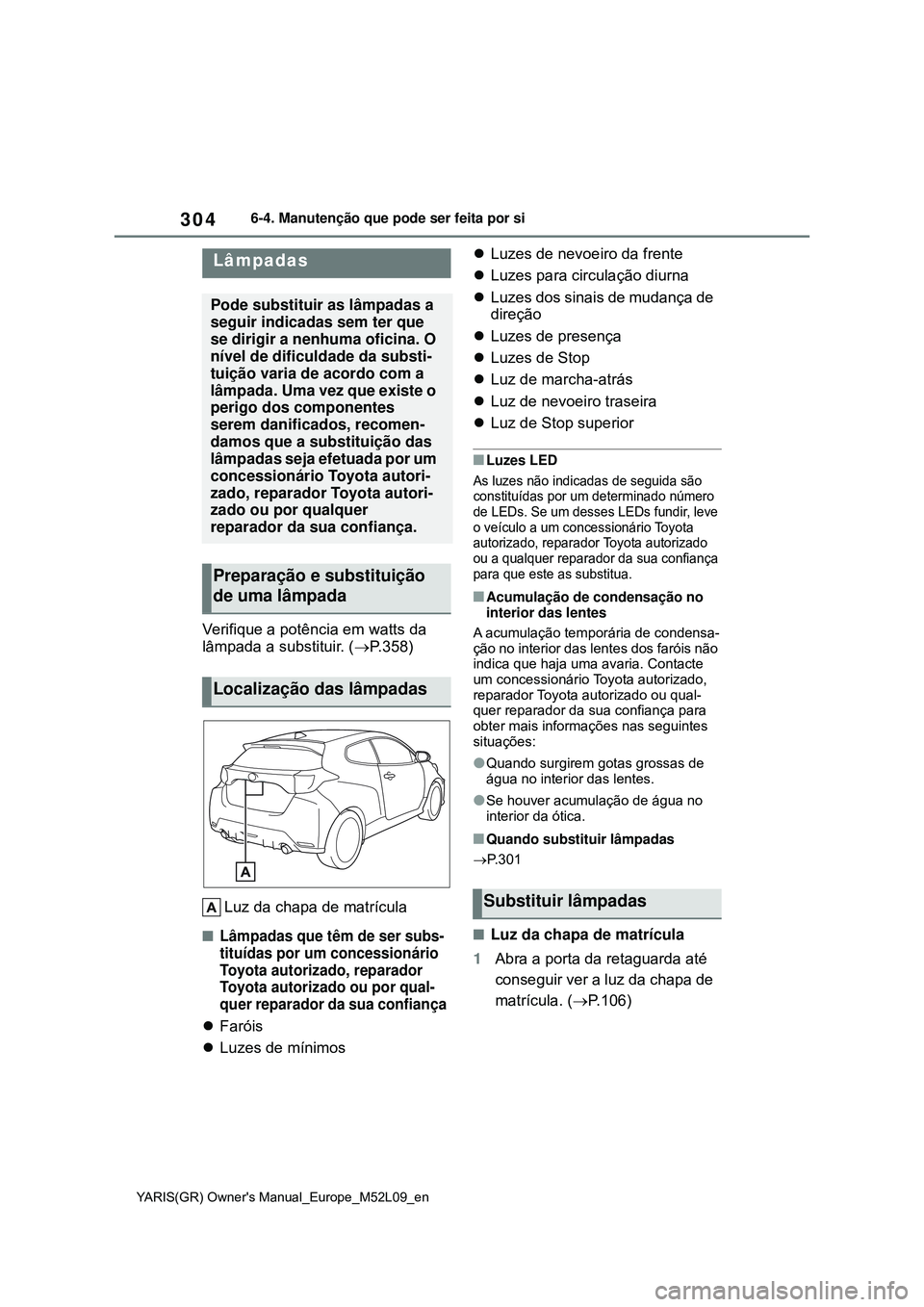 TOYOTA GR YARIS 2020  Manual de utilização (in Portuguese) 304
YARIS(GR) Owners Manual_Europe_M52L09_en
6-4. Manutenção que pode ser feita por si
Verifique a potência em watts da 
lâmpada a substituir. (P.358)
Luz da chapa de matrícula
Lâmpadas q