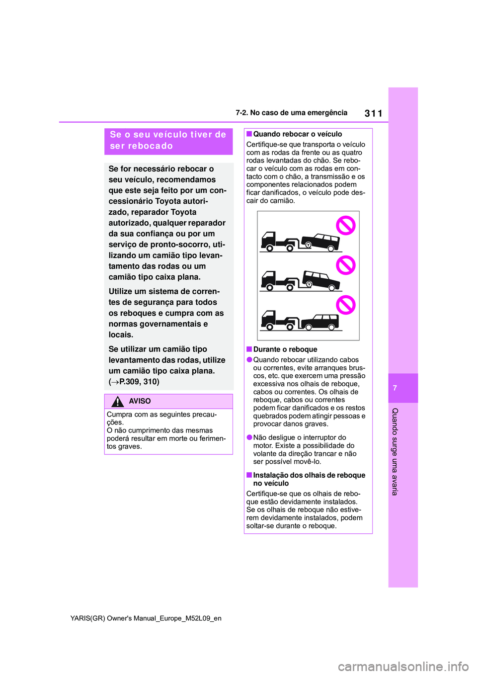 TOYOTA GR YARIS 2020  Manual de utilização (in Portuguese) 311
7
YARIS(GR) Owners Manual_Europe_M52L09_en
7-2. No caso de uma emergência
Quando surge uma avaria
7-2.No caso de uma emergência
Se o seu veículo tiver de 
ser rebocado
Se for necessário reboc