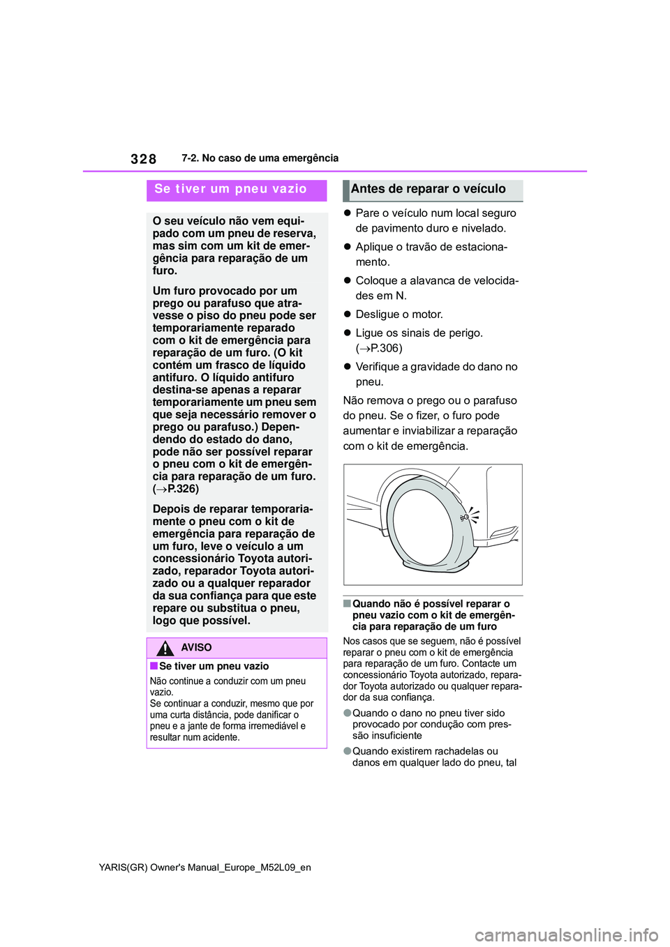 TOYOTA GR YARIS 2020  Manual de utilização (in Portuguese) 328
YARIS(GR) Owners Manual_Europe_M52L09_en
7-2. No caso de uma emergência
Pare o veículo num local seguro 
de pavimento duro e nivelado.
Aplique o travão de estaciona-
mento.
Coloque a 