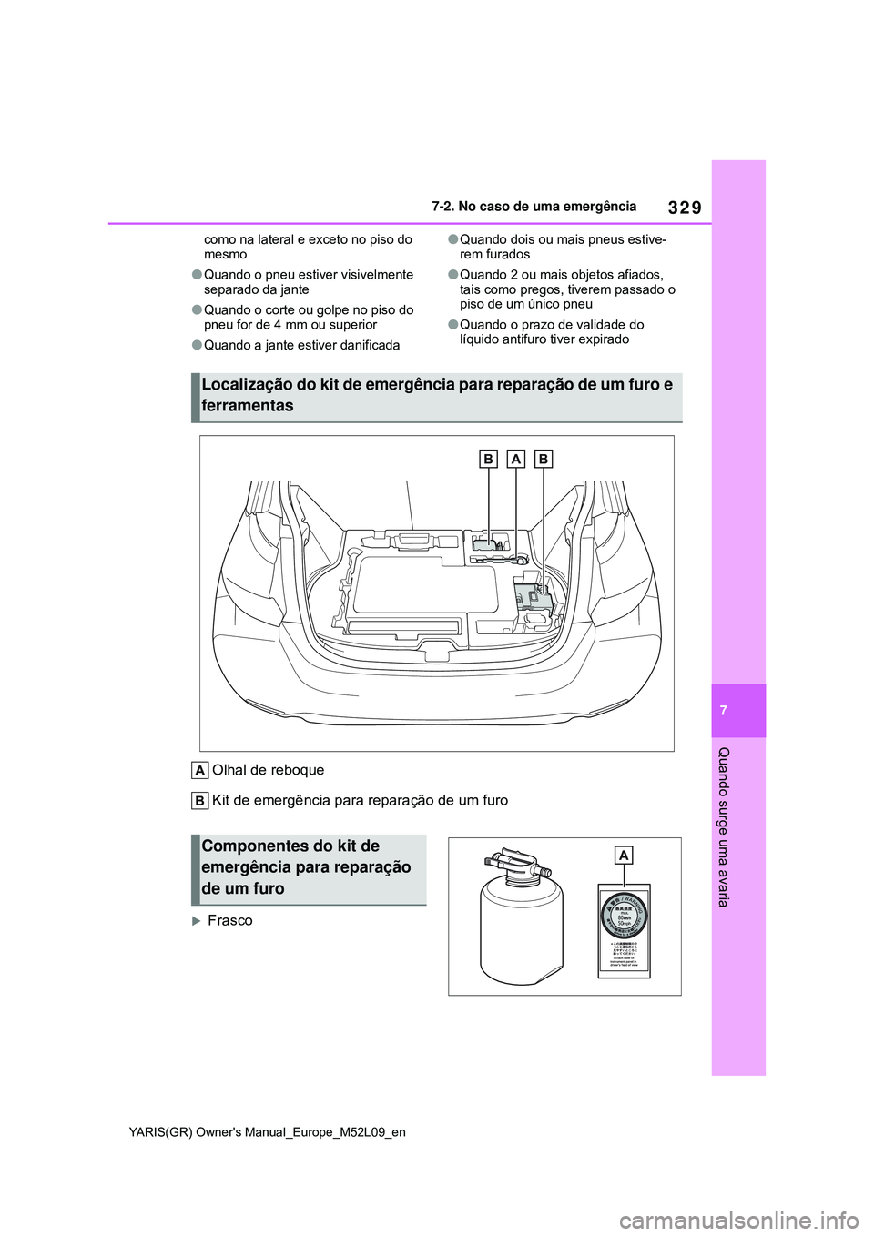 TOYOTA GR YARIS 2020  Manual de utilização (in Portuguese) 329
7
YARIS(GR) Owners Manual_Europe_M52L09_en
7-2. No caso de uma emergência
Quando surge uma avaria
como na lateral e exceto no piso do 
mesmo
Quando o pneu estiver visivelmente 
separado da ja