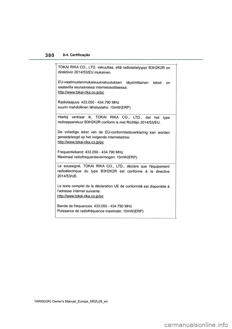 TOYOTA GR YARIS 2020 Manual de utilização (in Portuguese) 380
YARIS(GR) Owners Manual_Europe_M52L09_en
8-4. Certificação TOYOTA GR YARIS 2020 Manual de utilização (in Portuguese) 380
YARIS(GR) Owners Manual_Europe_M52L09_en
8-4. Certificação