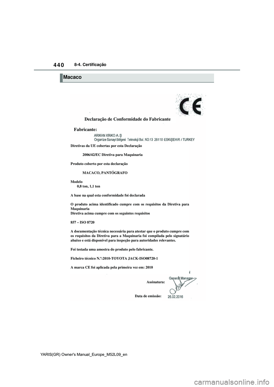 TOYOTA GR YARIS 2020 Manual de utilização (in Portuguese) 440
YARIS(GR) Owners Manual_Europe_M52L09_en
8-4. Certificação
Macaco
Diretivas da UE cobertas por esta Declaração
2006/42/EC Diretiva para Maquinaria
Produto coberto por esta declar TOYOTA GR YARIS 2020 Manual de utilização (in Portuguese) 440
YARIS(GR) Owners Manual_Europe_M52L09_en
8-4. Certificação
Macaco
Diretivas da UE cobertas por esta Declaração
2006/42/EC Diretiva para Maquinaria
Produto coberto por esta declar