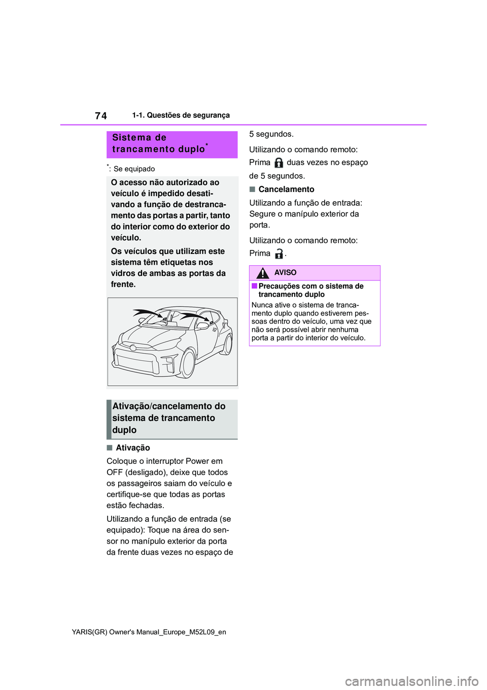 TOYOTA GR YARIS 2020 Manual de utilização (in Portuguese) 74
YARIS(GR) Owners Manual_Europe_M52L09_en
1-1. Questões de segurança
*: Se equipado
Ativação
Coloque o interruptor Power em
OFF (desligado), deixe que todos
os passageiros saiam do veícul TOYOTA GR YARIS 2020 Manual de utilização (in Portuguese) 74
YARIS(GR) Owners Manual_Europe_M52L09_en
1-1. Questões de segurança
*: Se equipado
Ativação
Coloque o interruptor Power em
OFF (desligado), deixe que todos
os passageiros saiam do veícul