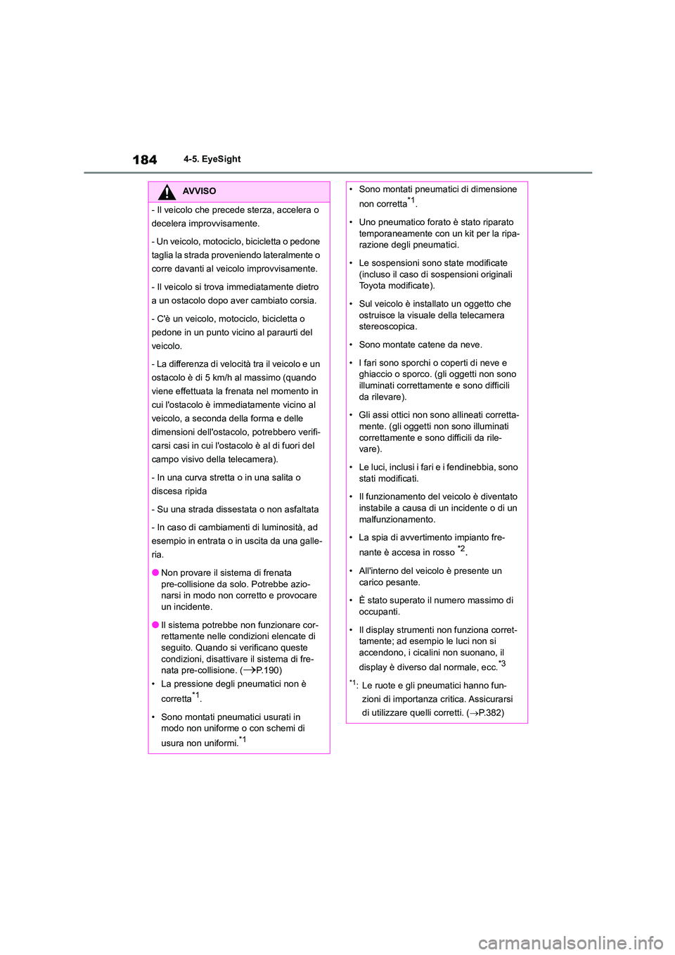 TOYOTA GR86 2022 Manuale duso (in Italian) 1844-5. EyeSight
AVVISO
- Il veicolo che precede sterza, accelera o
decelera improvvisamente.
- Un veicolo, motociclo, bicicletta o pedone
taglia la strada proveniendo lateralmente o
corre davan TOYOTA GR86 2022 Manuale duso (in Italian) 1844-5. EyeSight
AVVISO
- Il veicolo che precede sterza, accelera o
decelera improvvisamente.
- Un veicolo, motociclo, bicicletta o pedone
taglia la strada proveniendo lateralmente o
corre davan
