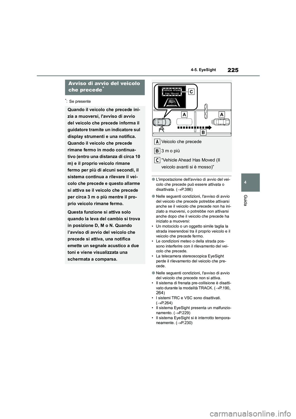 TOYOTA GR86 2022 Manuale duso (in Italian) 225
4
4-5. EyeSight
Guida
*: Se presente
●Limpostazione dellavviso di avvio del vei-
colo che precede può essere attivata o
disattivata. ( P.386)
●Nelle seguenti condizioni, lavviso di a TOYOTA GR86 2022 Manuale duso (in Italian) 225
4
4-5. EyeSight
Guida
*: Se presente
●Limpostazione dellavviso di avvio del vei-
colo che precede può essere attivata o
disattivata. ( P.386)
●Nelle seguenti condizioni, lavviso di a
