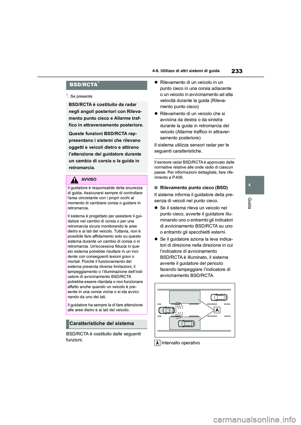 TOYOTA GR86 2022 Manuale duso (in Italian) 233
4
4-6. Utilizzo di altri sistemi di guida
Guida
4-6.Utilizzo di altri sistemi di guida
*: Se presente
BSD/RCTA è costituito dalle seguenti
funzioni.
Rilevamento di un veicolo in un
punt TOYOTA GR86 2022 Manuale duso (in Italian) 233
4
4-6. Utilizzo di altri sistemi di guida
Guida
4-6.Utilizzo di altri sistemi di guida
*: Se presente
BSD/RCTA è costituito dalle seguenti
funzioni.
Rilevamento di un veicolo in un
punt
