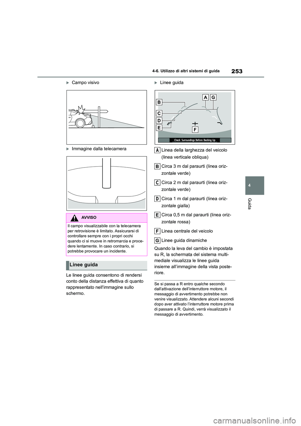 TOYOTA GR86 2022  Manuale duso (in Italian) 253
4 
4-6. Utilizzo di altri sistemi di guida
Guida
Campo visivo
Immagine dalla telecamera 
Le linee guida consentono di rendersi  
conto della distanza effettiva di quanto 
rappresentato nell