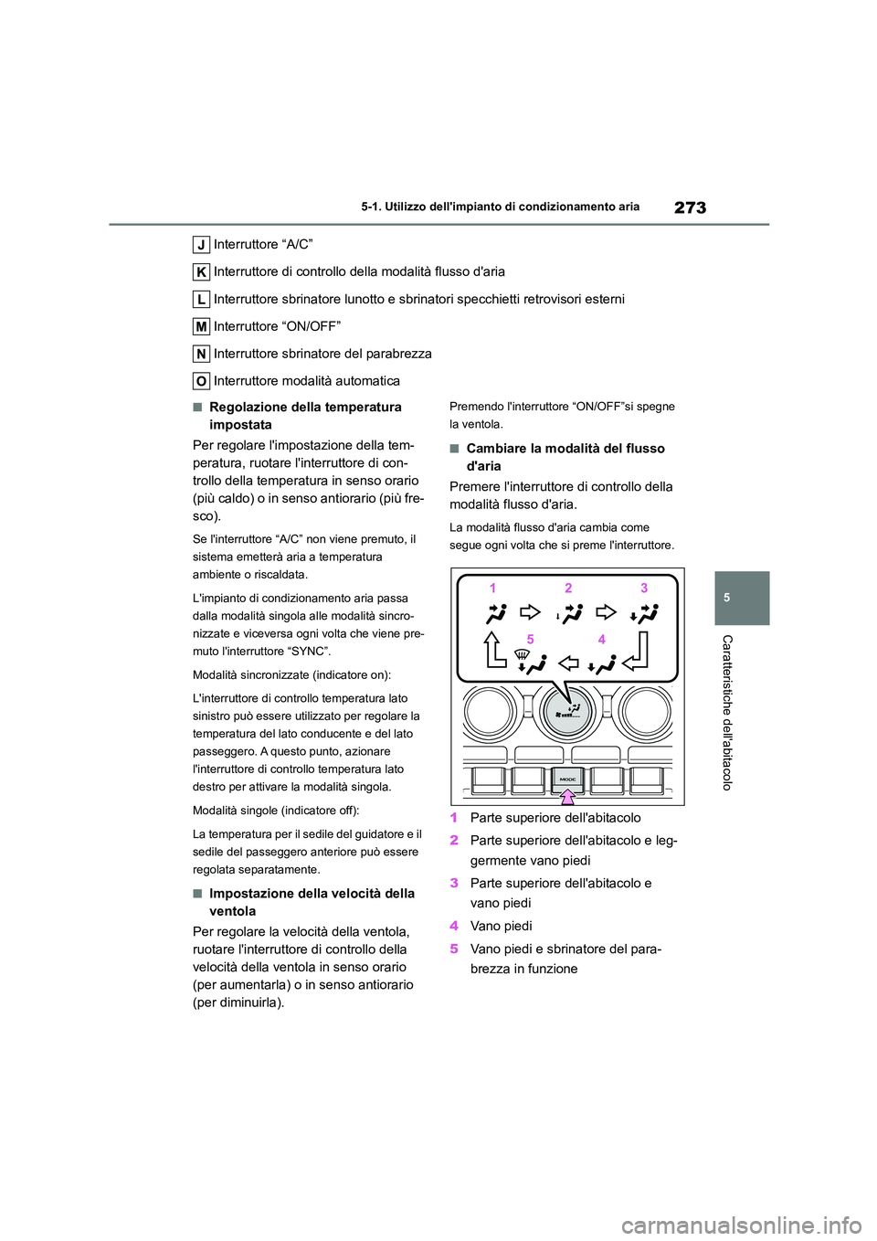 TOYOTA GR86 2022  Manuale duso (in Italian) 273
5 
5-1. Utilizzo dellimpianto  di condizionamento aria
Caratteristiche dellabitacolo
Interruttore “A/C” 
Interruttore di controllo della modalità flusso daria 
Interruttore sbrinatore luno