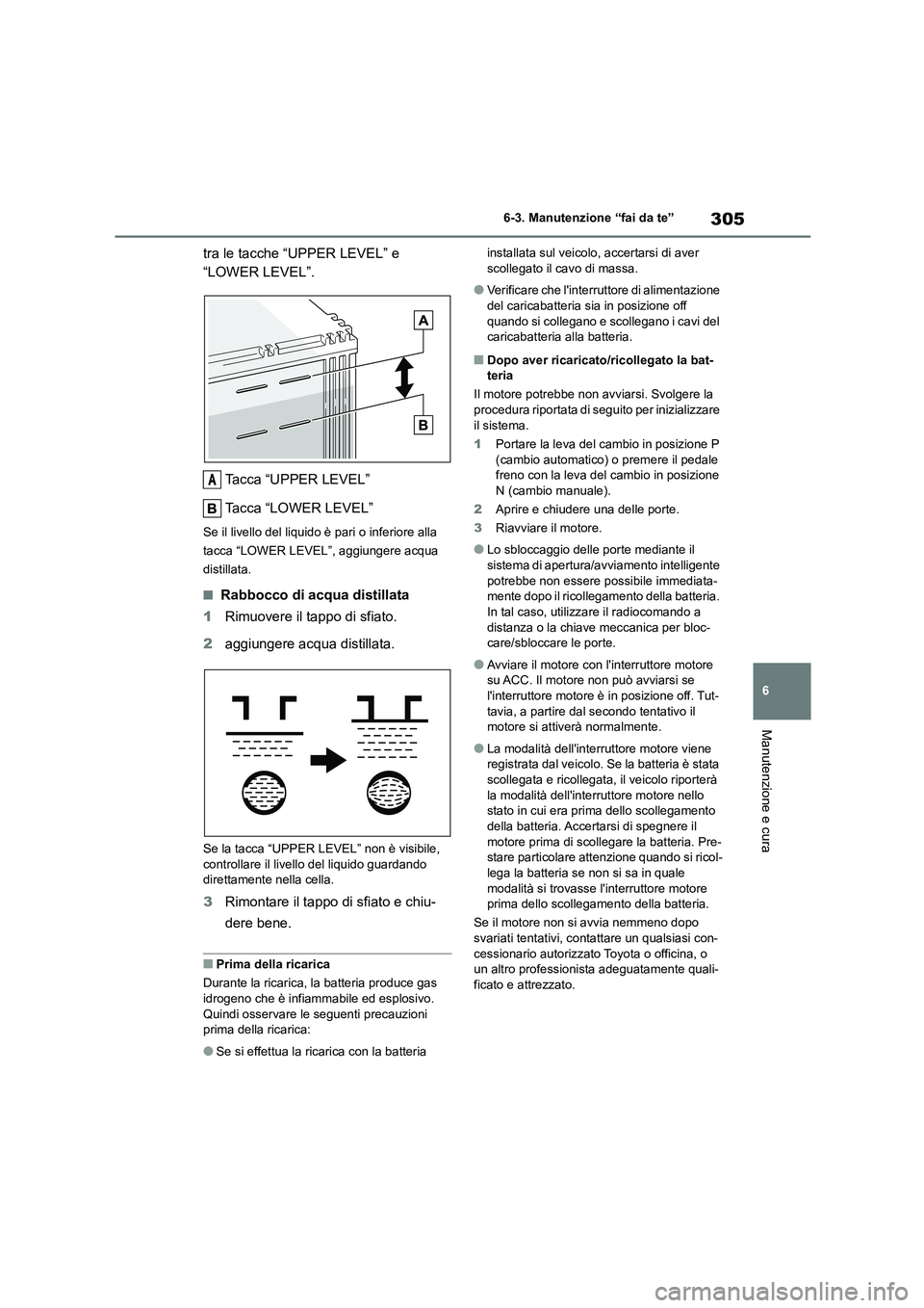 TOYOTA GR86 2022  Manuale duso (in Italian) 305
6 
6-3. Manutenzione “fai da te”
Manutenzione e cura
tra le tacche “UPPER LEVEL” e  
“LOWER LEVEL”. 
Tacca “UPPER LEVEL” 
Tacca “LOWER LEVEL”
Se il livello del liquido è pari 