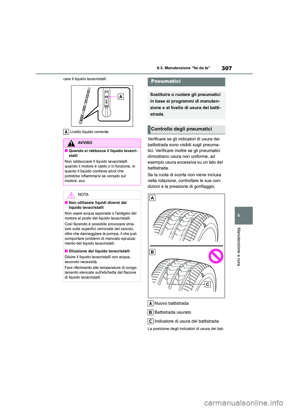 TOYOTA GR86 2022  Manuale duso (in Italian) 307
6 
6-3. Manutenzione “fai da te”
Manutenzione e cura
care il liquido lavacristalli. 
Livello liquido corrente
Verificare se gli indicatori di usura dei  
battistrada sono visibili sugli pneuma