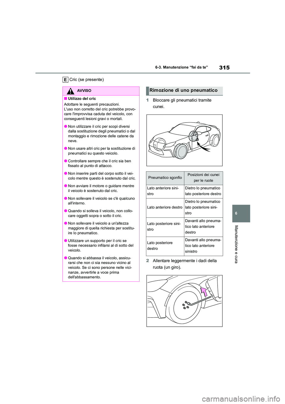 TOYOTA GR86 2022  Manuale duso (in Italian) 315
6 
6-3. Manutenzione “fai da te”
Manutenzione e cura
Cric (se presente) 
1 Bloccare gli pneumatici tramite  
cunei. 
2 Allentare leggermente i dadi della  
ruota (un giro).
AVVISO
■Utilizzo 