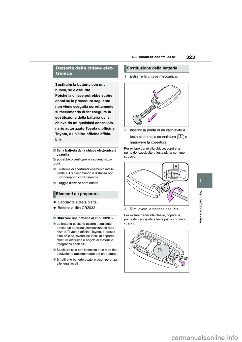 TOYOTA GR86 2022  Manuale duso (in Italian) 323
6 
6-3. Manutenzione “fai da te”
Manutenzione e cura
■Se la batteria della chiave elettronica è  
esaurita 
Si potrebbero verificare le seguenti situa- 
zioni:
●Il sistema di apertura/avv